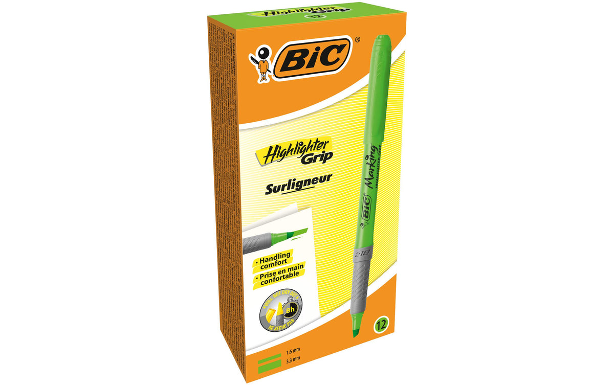 BIC Brite Liner Grip Textmarker Set 12 Stück Grün – Keilspitze