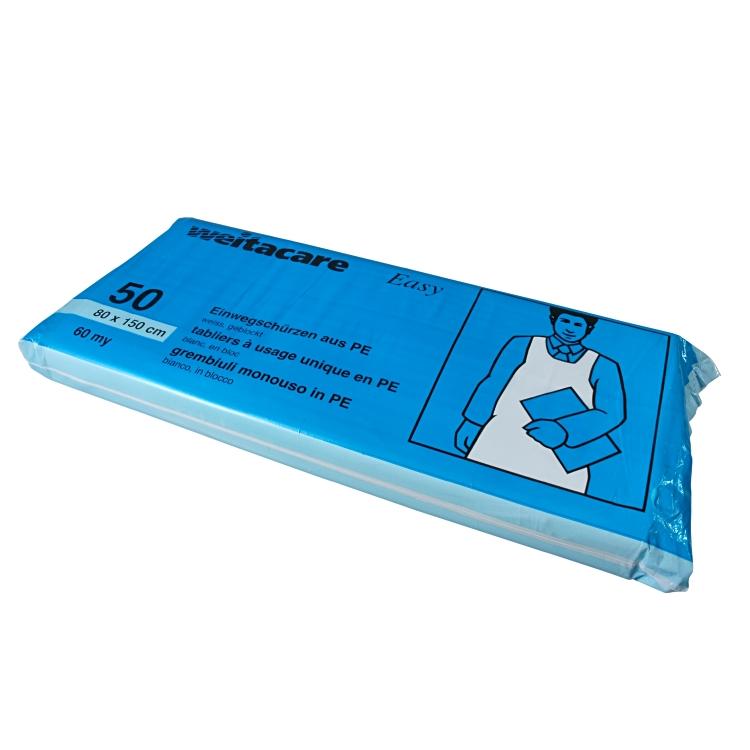 Weitawear Schürze – LDPE, 60 my, 80×150 cm, Weiss/Blau, Beutel à 50 Stück