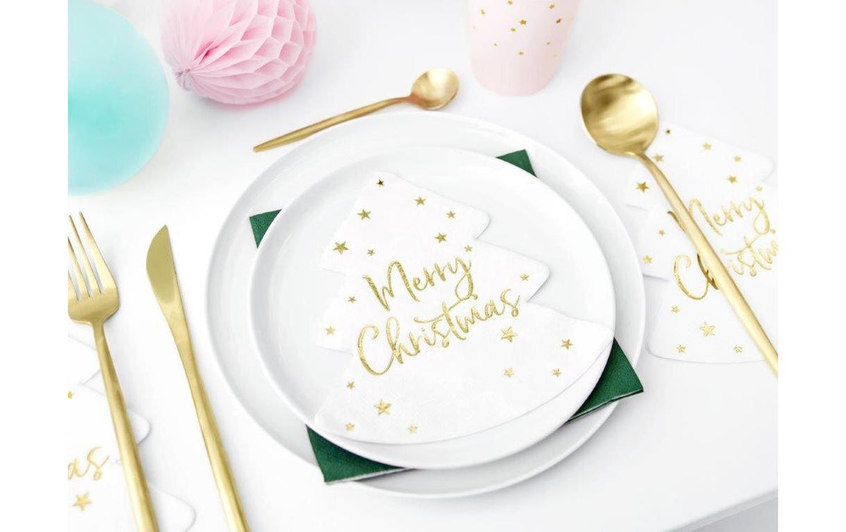 PartyDeco Servietten Weihnachtsbaum – gold/weiss – 16 × 16,5 cm – 20 Stück