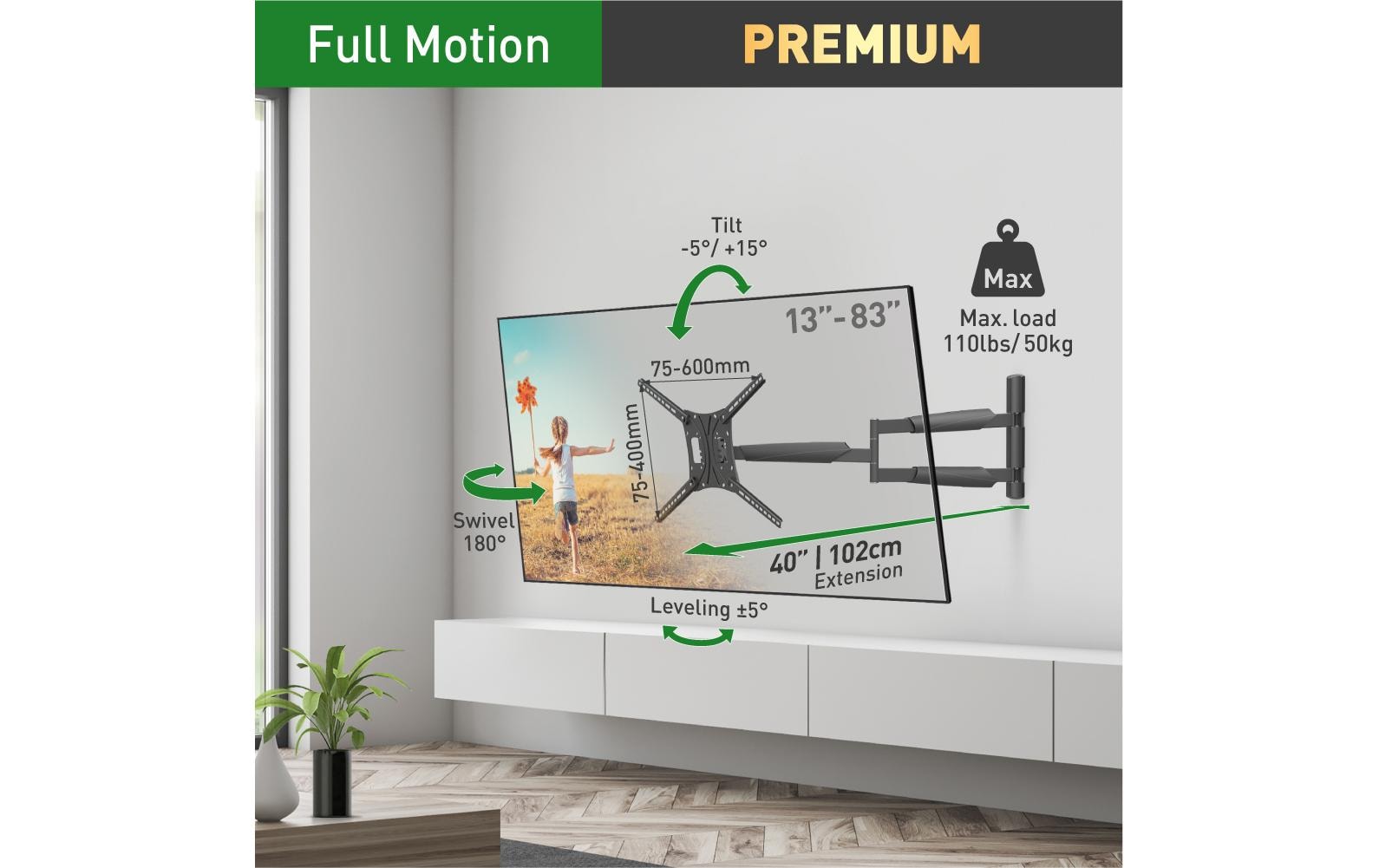Barkan Mounting Systems Barkan WH 443XL-SW – Wandhalterung, ausziehbar, für 77", VESA 600×300, bis 50 kg, schwarz