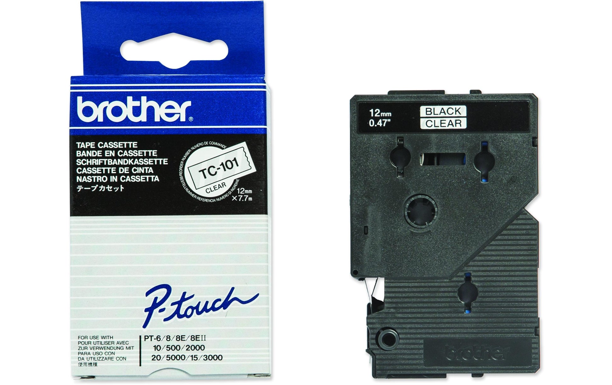 Brother Schriftband – 12 mm × 7,7 m, transparent, schwarz