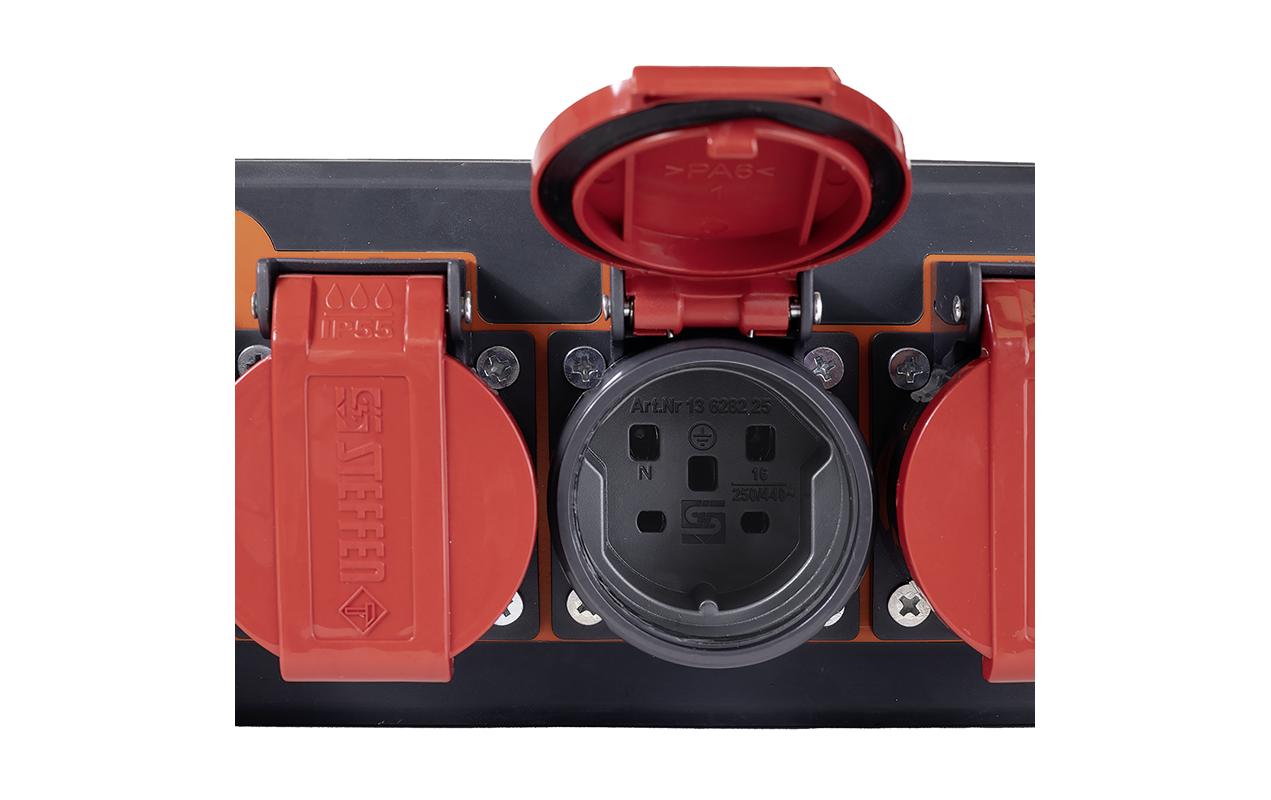 Steffen IP55 Professional Steckdosenleiste, 6×T25, 5 m, Klappdeckel, Eingang T25, IP55 – Rot