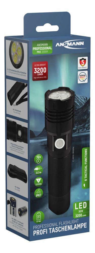 Ansmann Taschenlampe Pro 3000R – 3200 lm, 213 m, IP67, USB, Akku 5100 mAh, 6 Modi – Schwarz