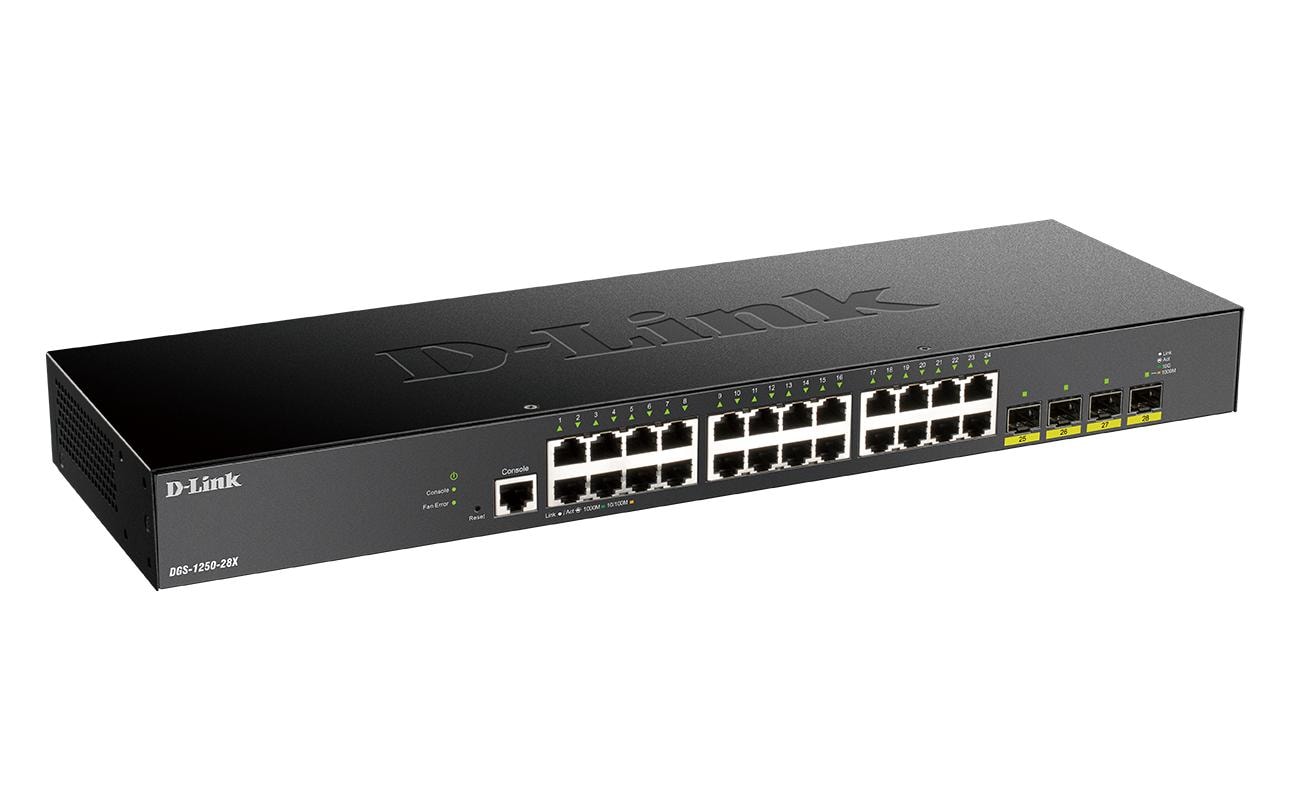 D-Link DGS-1250-28X – Managed Switch – 24×GbE, 4×SFP+, L3, 19" Rack, 1U