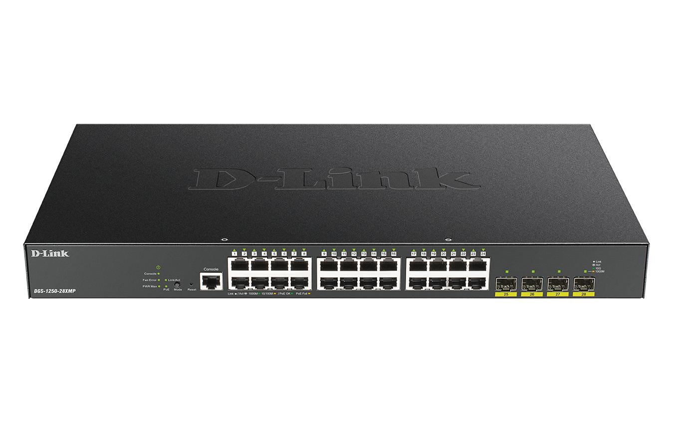 D-Link DGS-1250-28XMP – Managed L3 Switch – 24× 1G, 4× SFP+, PoE+, PoE-Budget 370 W, 19", 1U