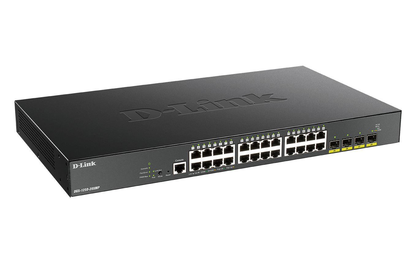 D-Link DGS-1250-28XMP – Managed L3 Switch – 24× 1G, 4× SFP+, PoE+, PoE-Budget 370 W, 19", 1U