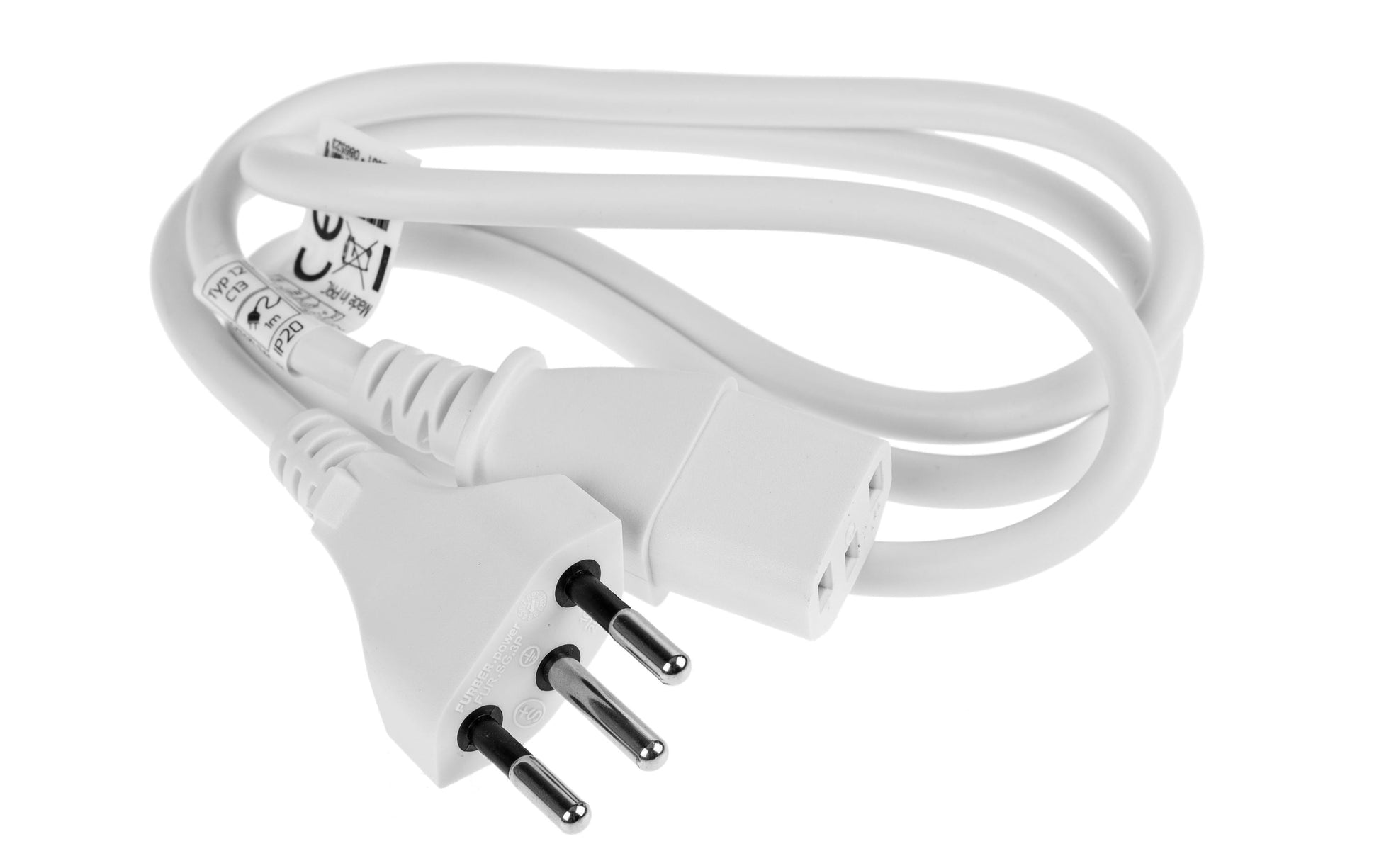 FURBER.power Netzkabel – T12–IEC C13, 1,8 m, mit Kinderschutz, 10 A, 3×0,75 mm², Weiss