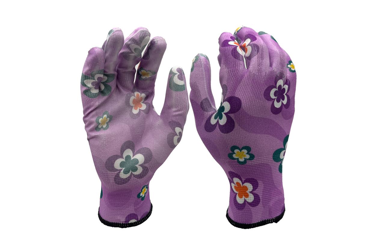 Ftm Gartenhandschuhe – XL, 12 Stück – Polyester, PU-beschichtet – Lila, Blumenmuster