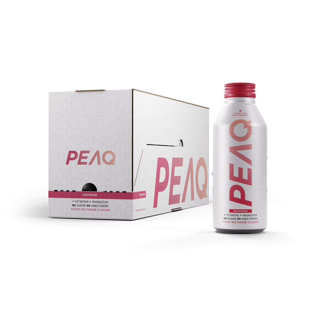 PEAQ Recharge – Leicht prickelndes Vitaminwasser, Pfirsich & Nektarine, mit Vitaminen – 12 × 47,3 cl