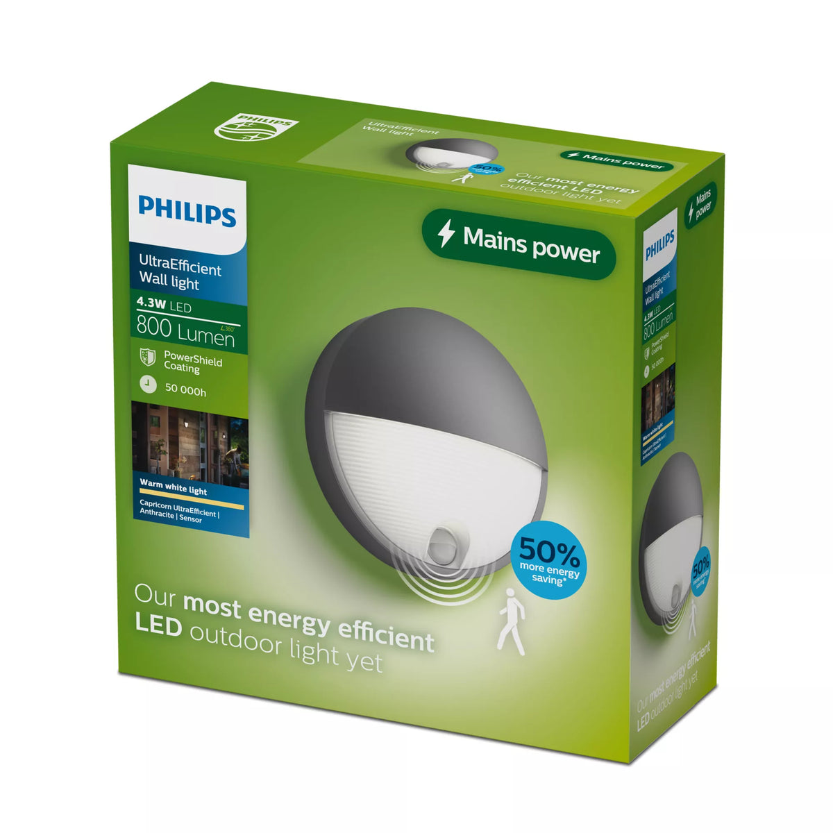 Philips by Signify Philips Aussenwandleuchte – 800 lm, 4,3 W, Warmweiss, 2700 K – IP44 – Netzbetrieb – mit Bewegungsmelder