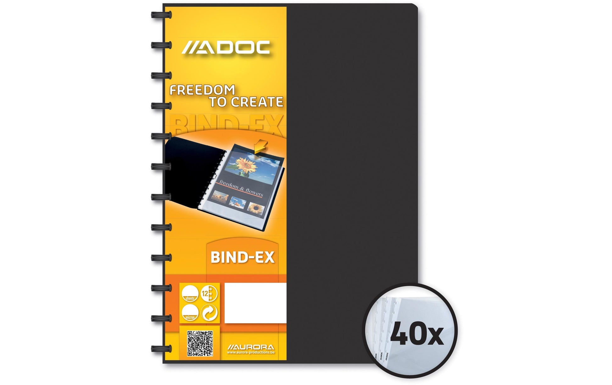 Adoc Sichtbuch Bind-Ex Aurora – 40 Sichttaschen, A4, austauschbar, genarbt, antireflex, schwarz, Kunststoff