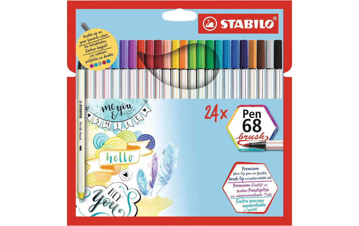 STABILO Pen 68 Brush Filzstifte – Pinselspitze, wasservermalbar, 24 Farben