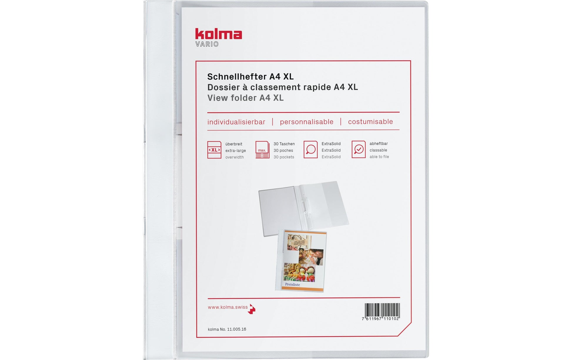 Kolma Schnellhefter Vario XL mit Zusatztasche – A4, PP, weiss, integrierte Abheftvorrichtung, Sichttasche