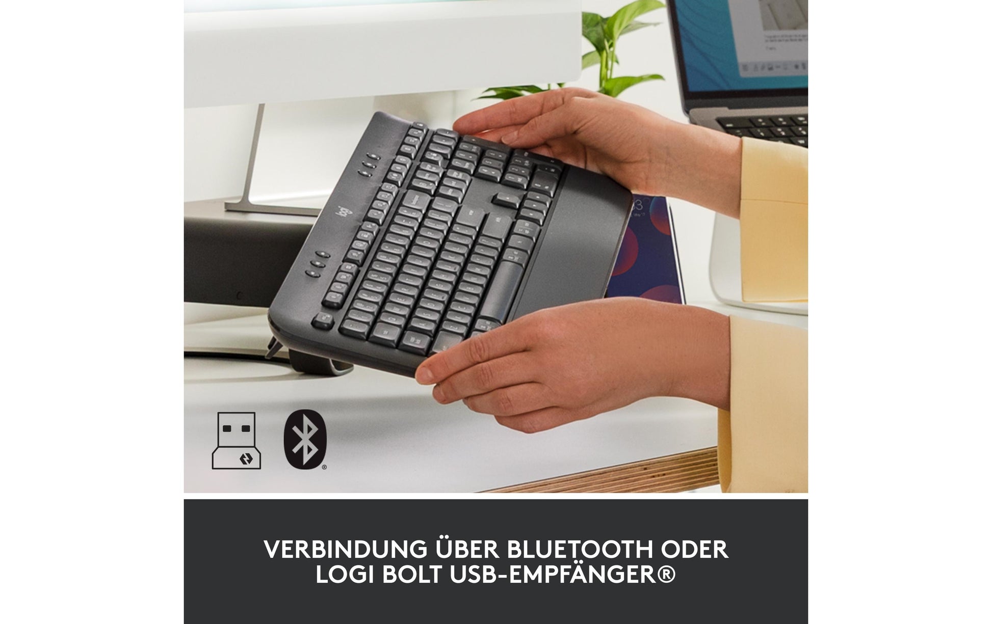 Logitech K650 – Tastatur, kabellos (Bluetooth/2,4 GHz), mit Handballenauflage – für Windows, macOS & Android