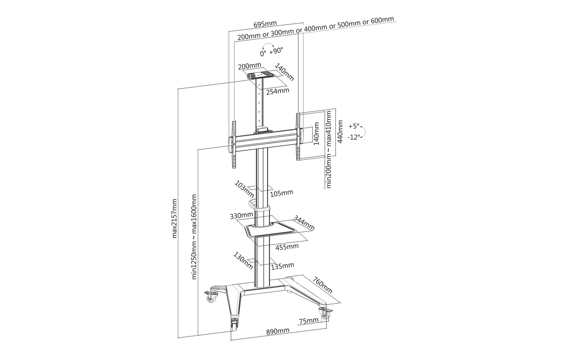 PureMounts PDS-0003C – Trolley, höhenverstellbar, für 40", VESA 200×200, bis 70 kg, weiss