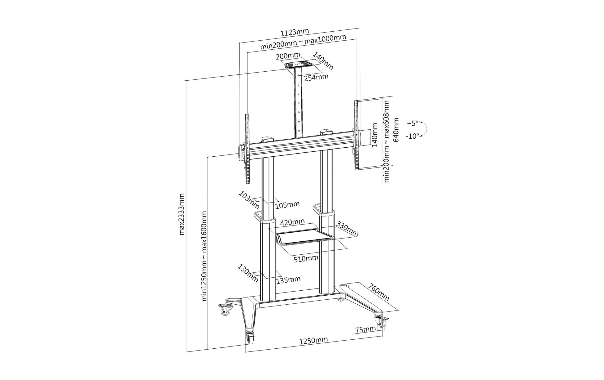 PureMounts PDS-0013C – Trolley, höhenverstellbar, für 90", VESA 200×200, bis 140 kg, weiss