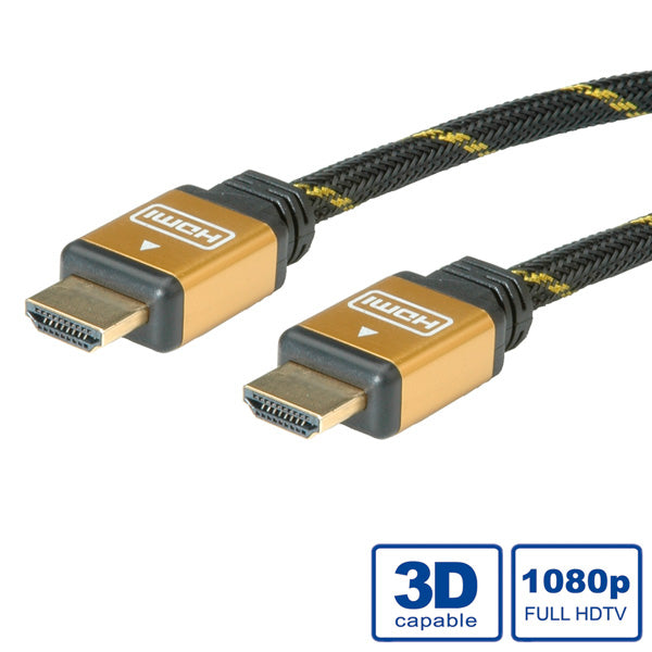 ROLINE HDMI Kabel 1080p – 10 m – ARC, Ethernet – Schwarz/Gold – für Geräte mit HDMI-Port