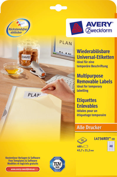 AVERY Zweckform L4736REV-10 – Etiketten A4 46 × 21 mm – wiederablösbar – Laser/Inkjet – 48 pro Blatt, 10 Blätter