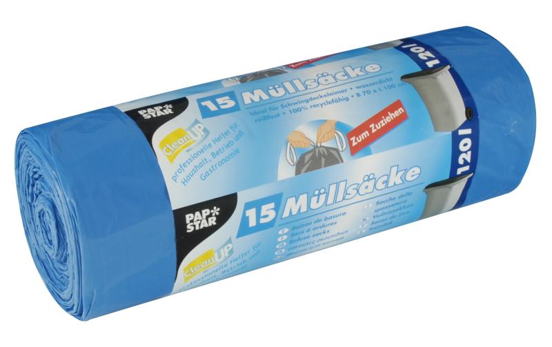 Papstar Weita Kehrichtsack – 120 l, mit Zugband, LLDPE, blau, 700 × 1'000 mm, 15 Stk