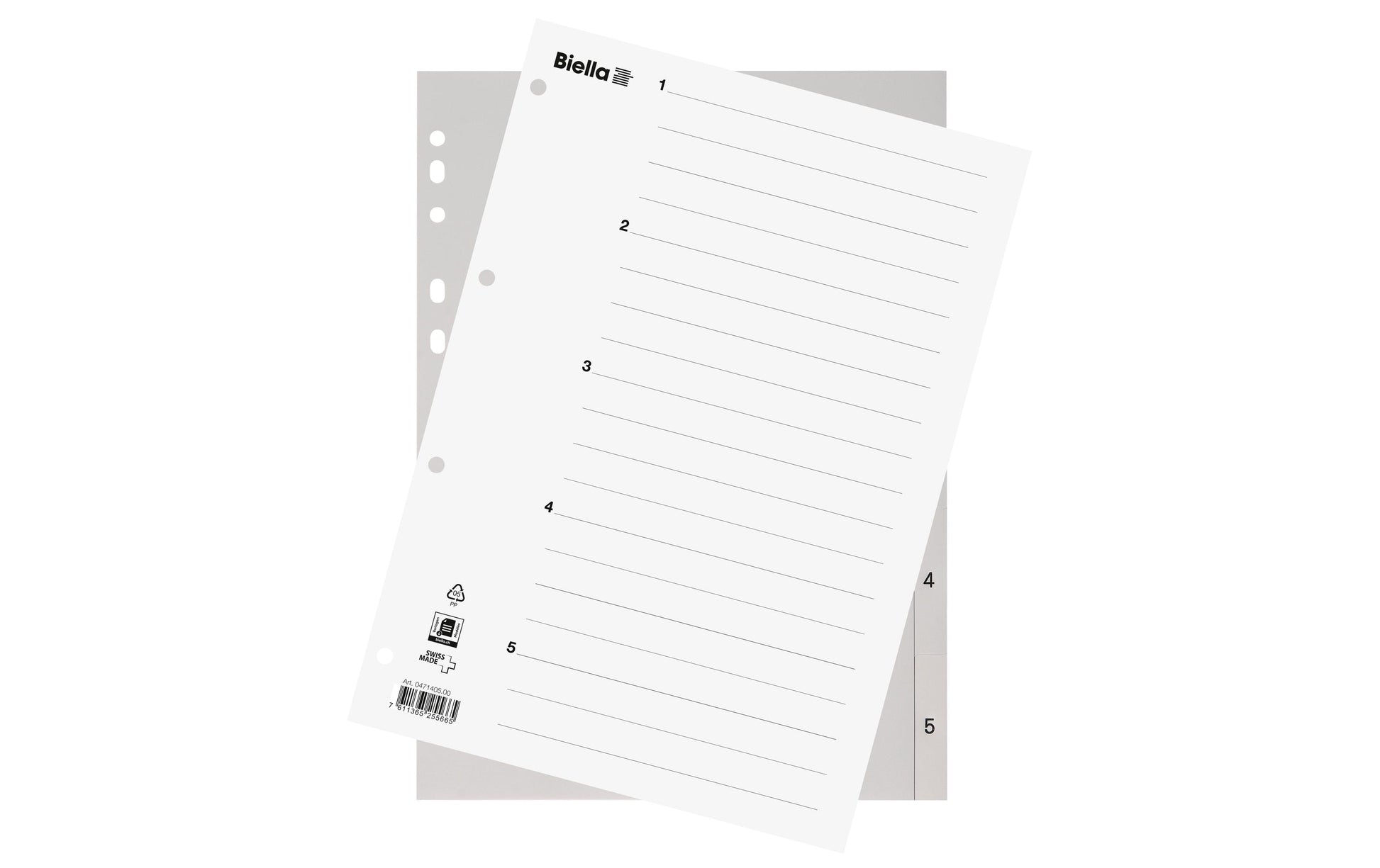 Biella Register – A4, 5-teilig, Kunststoff, grau, vorgedruckt, mit Indexblatt, 11-fach Lochung