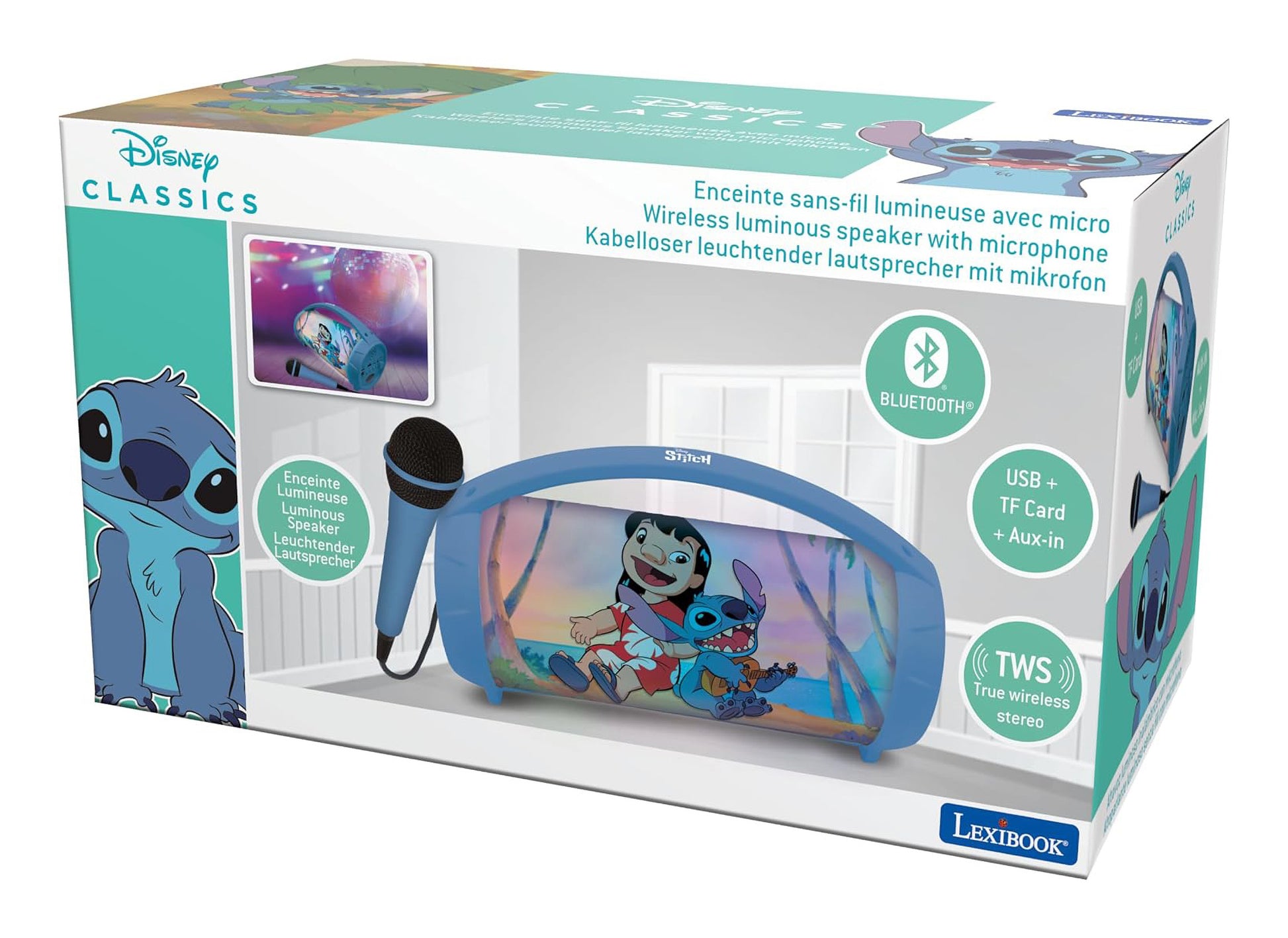 Lexibook BTP585DZ Stitch – Bluetooth-Lautsprecher – 3 h Akkulaufzeit, mit Lichteffekten, Hellblau