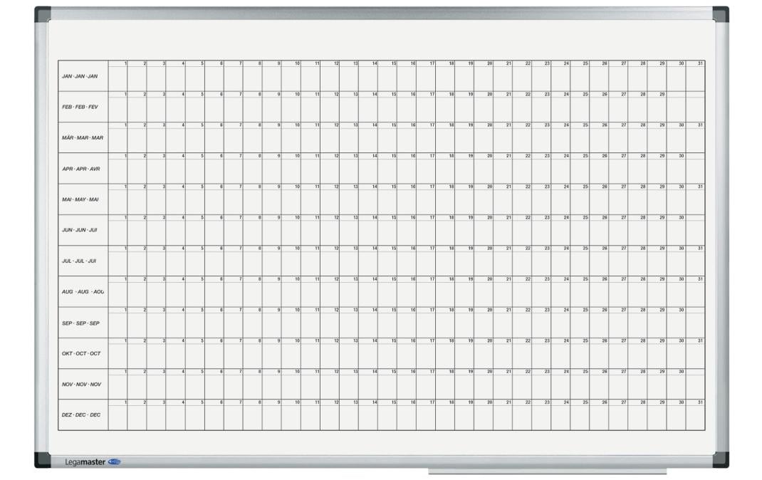 Legamaster Jahresplaner mit Stiftablage, Alurahmen, Wandmontage, 12 Monate – 90 × 60 cm, Weiss