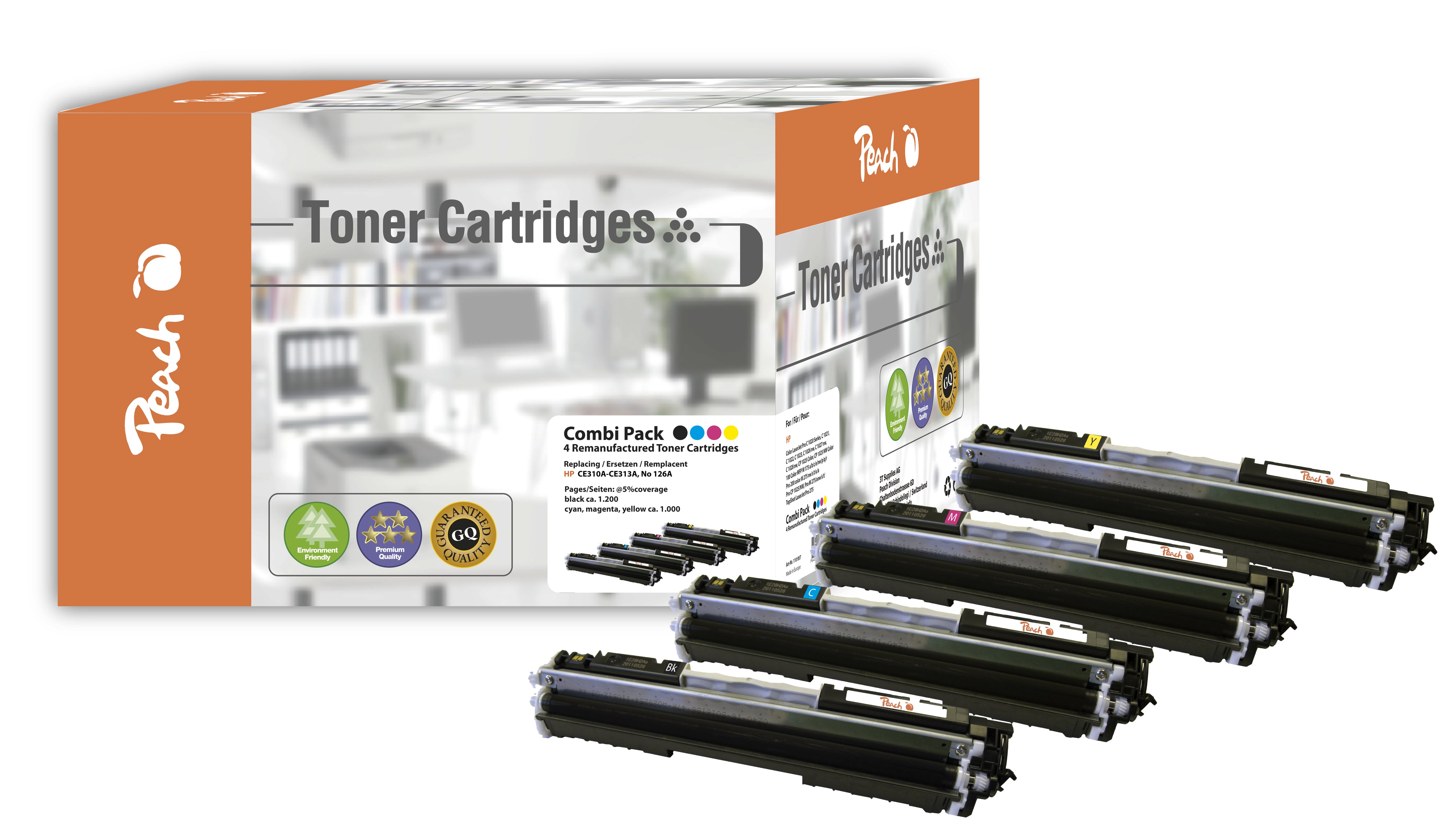 Peach Toner-Multipack CE31A – BK/C/M/Y, BK 1200 / C/M/Y 1000 Seiten – für HP CP1000/CP1020/CP1021 usw.