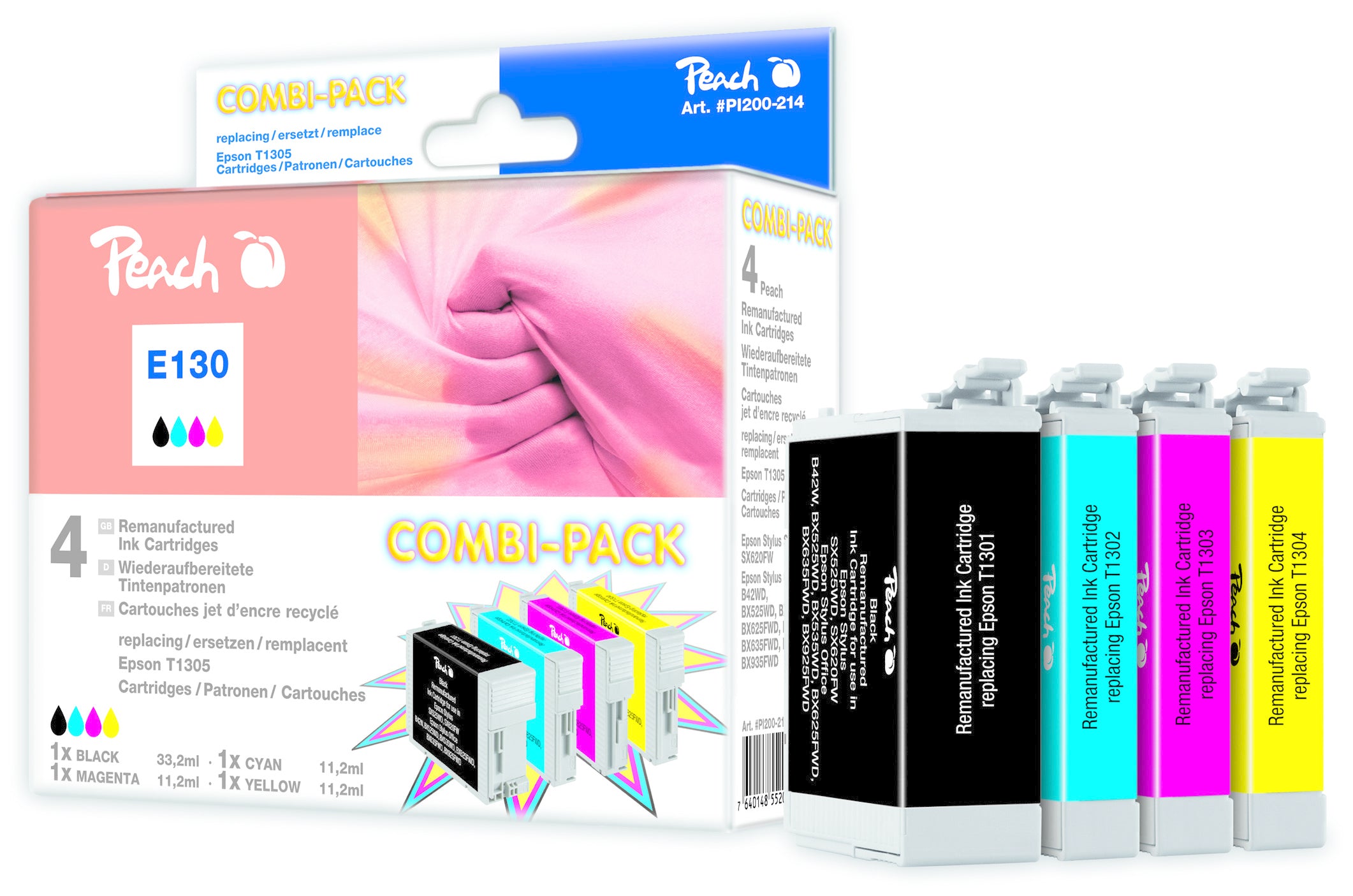 Peach Tintenpatronen-Multipack, CMYK, 4er-Pack, kompatibel – für Epson WorkForce WF-3530, WF-3540, WF-7015
