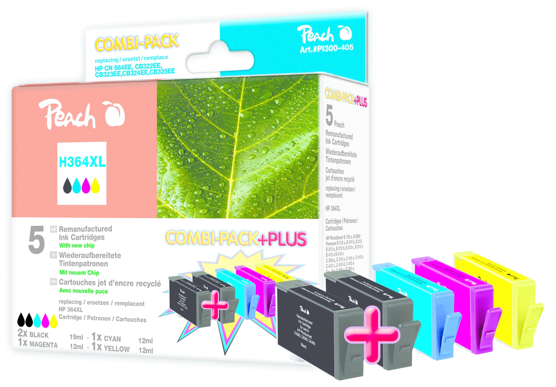 Peach Tintenpatronen-Multipack 364XL, CMYK, 5er-Pack, kompatibel – für HP DeskJet 3070 und andere