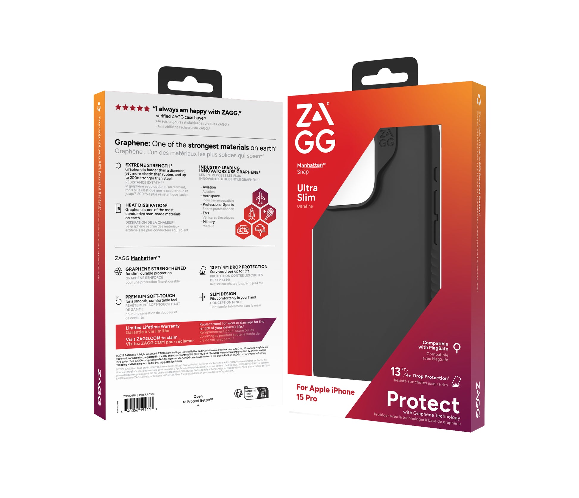 ZAGG Manhattan Snap – Backcover – für Apple iPhone 15 Pro – Schwarz, bis 4 m sturzsicher, antibakteriell