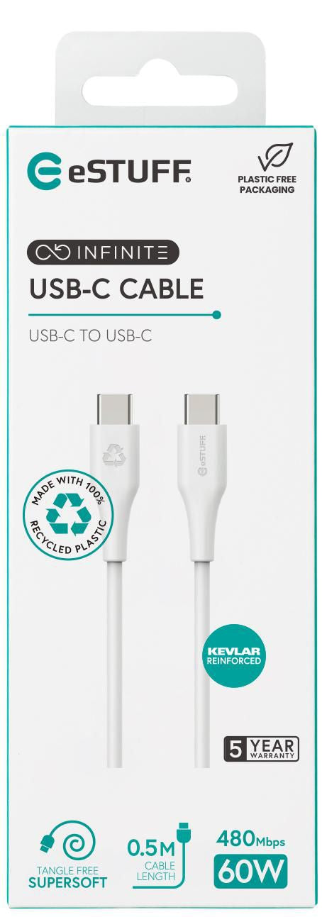 eSTUFF USB-C auf USB-C Kabel – USB 2.0 (480 Mbit/s) – 0,5 m – PD 60 W – Weiss – für alle USB-C-Geräte