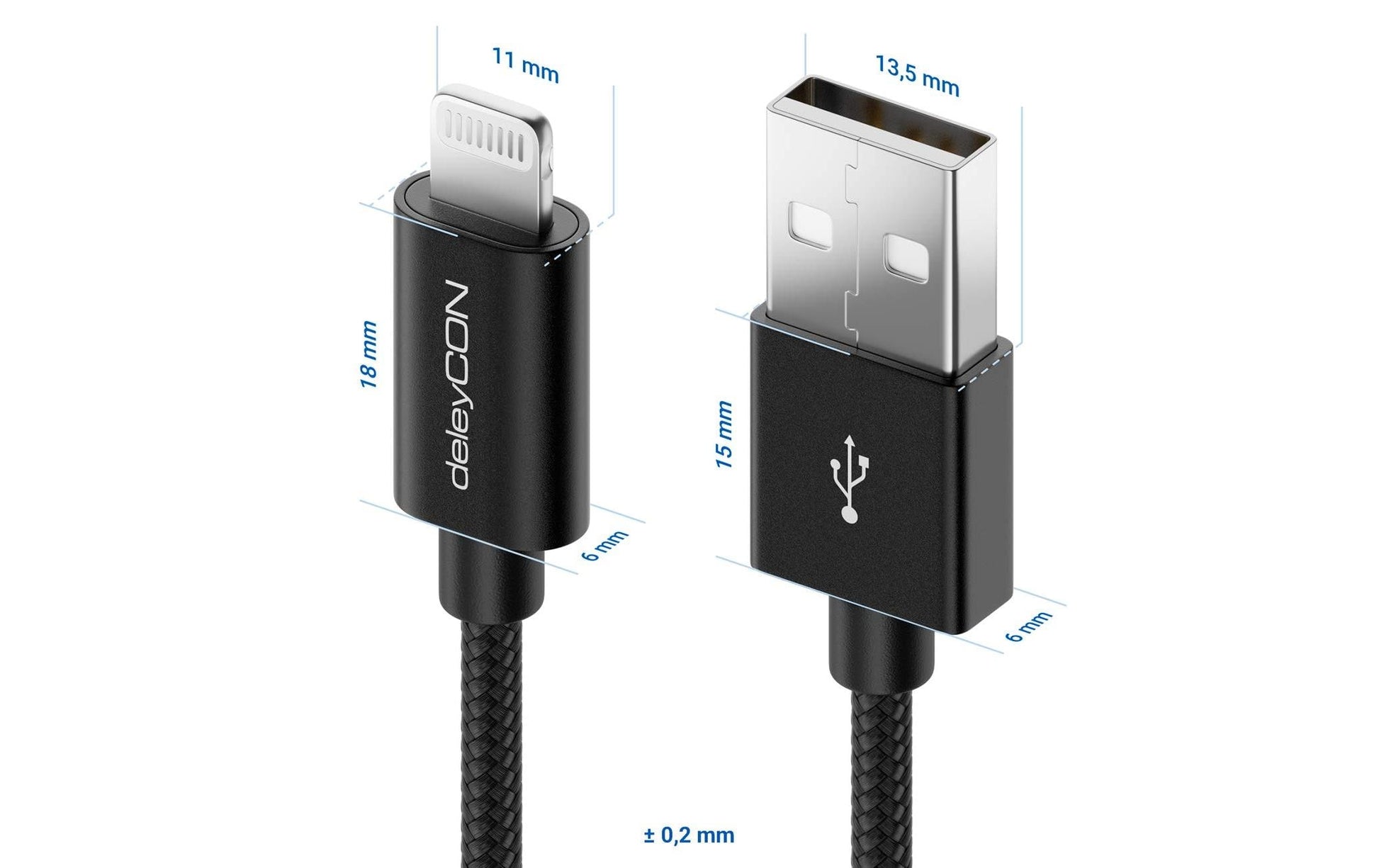 DeleyCON Daten- & Ladekabel – USB-A auf Lightning 0,15 m, MFi zertifiziert, geflochten – für iPhone/iPad