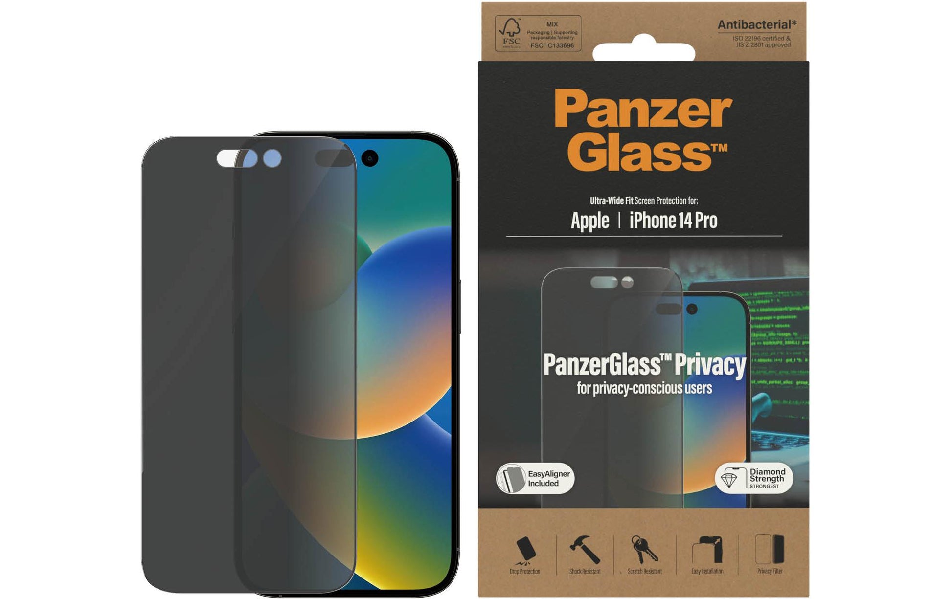PanzerGlass Privacy-Filter (Panzerglas), Ultra-Wide Fit – für iPhone 14 Pro – mit Applikator