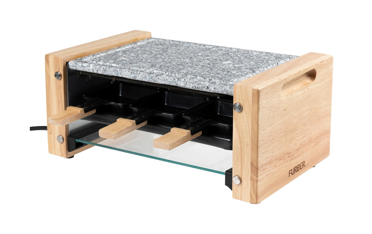 Furber. Furber Raclette-Grill Festa – 6 Personen, Stein-Grillplatte, 900 W – Schwarz/Marmor/Holz