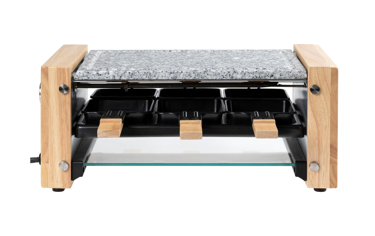 Furber. Furber Raclette-Grill Festa – 6 Personen, Stein-Grillplatte, 900 W – Schwarz/Marmor/Holz