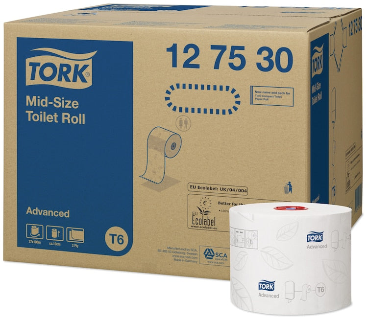 Tork Toilettenpapier Midi – 2-lagig, Rollenlänge 100 m, Rollendurchmesser 132 mm – für Tork T6 – 27 Rollen