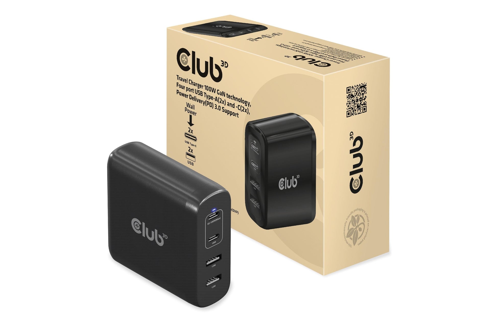 CLUB3D Club 3D CAC-1912EU USB-Ladegerät 100 W – USB-C×2, USB-A×2 – PD 3.0, GaN, EU-Stecker (Typ C)
