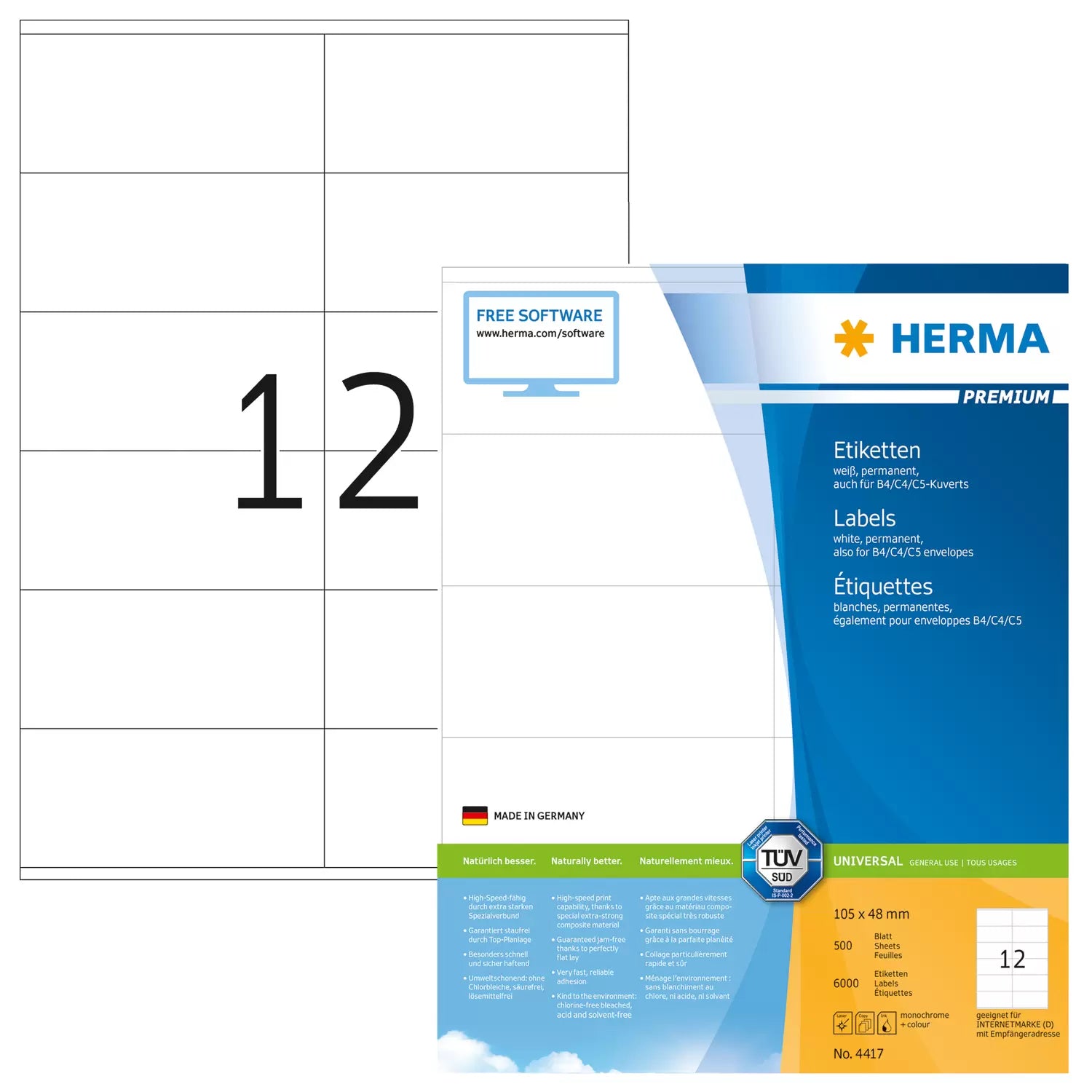 HERMA Etiketten auf Bogen, 105 mm × 48 mm, weiss, Papier, permanent, 500 Blatt (6 000 Etiketten)