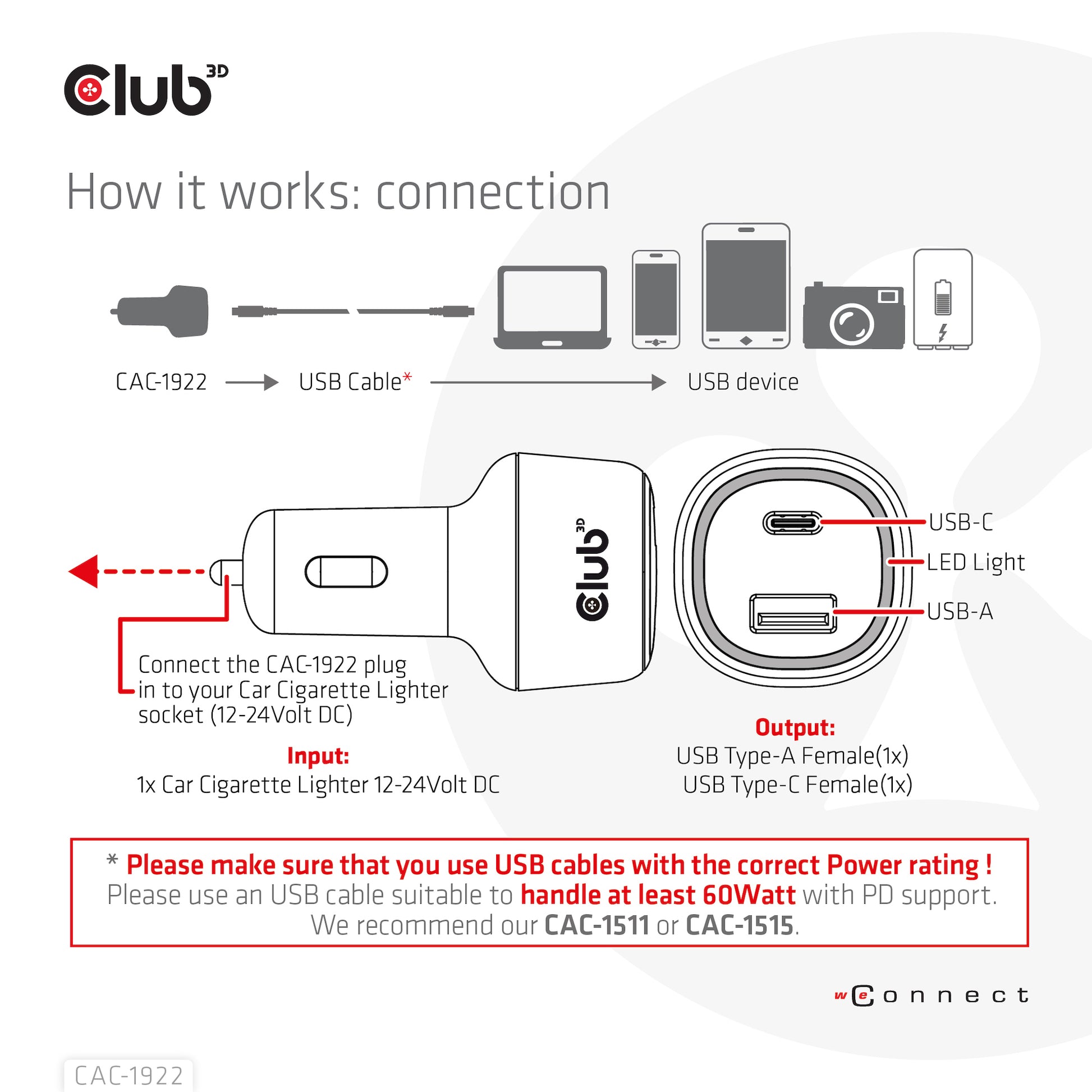 CLUB3D Club 3D CAC-1922 Auto-Ladegerät 63 W – USB-C×1, USB-A×1 – für 12–24 V Bordnetz