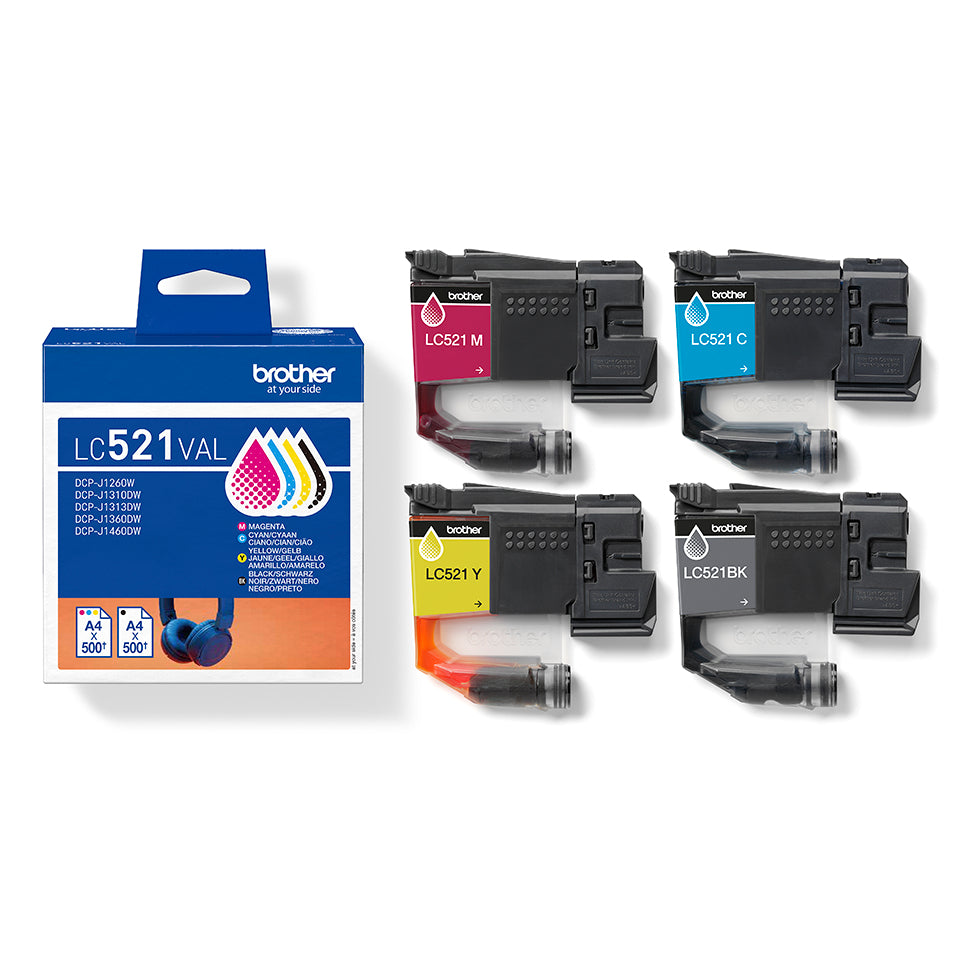 Brother LC521VAL Tintenpatronen-Multipack, Schwarz/Cyan/Magenta/Gelb (Original) – für DCP-J1260W/1310DW …