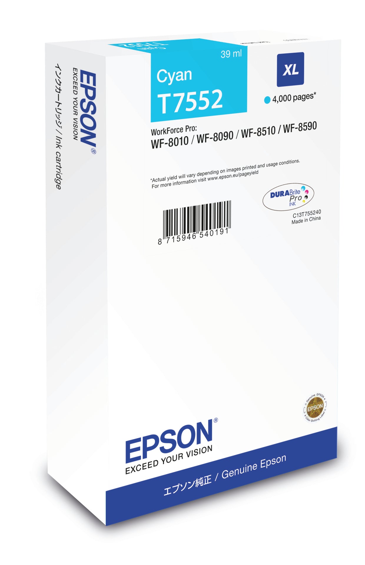 Epson Tintenpatrone T7552, Cyan, 4'000 Seiten – für Inkjetdrucker/Multifunktionsgeräte