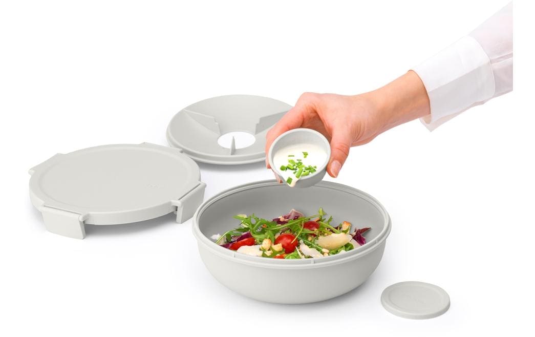 Brabantia Salatschüssel Make & Take – 1,3 l, Ø 21,0 cm, H 7,5 cm, Kunststoff, Hellgrau, mit Deckel