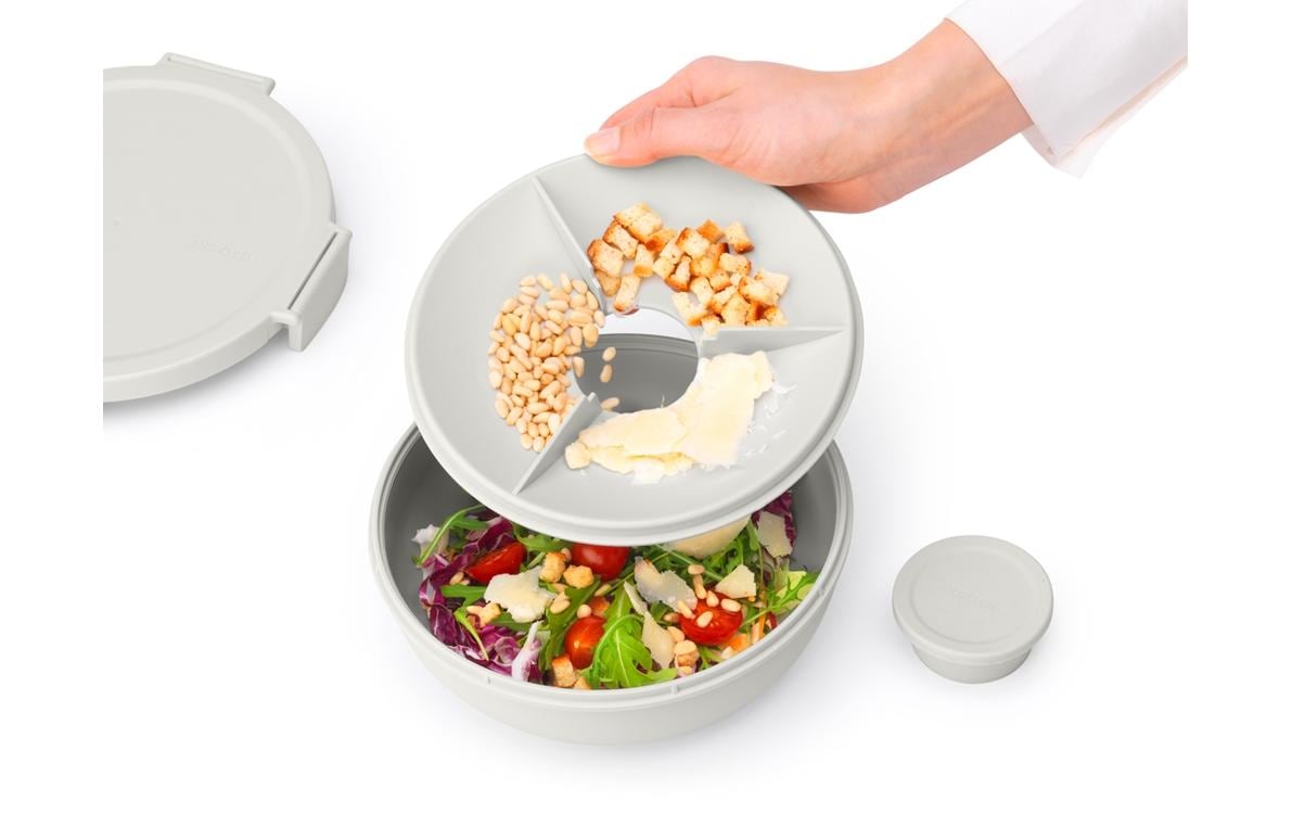 Brabantia Salatschüssel Make & Take – 1,3 l, Ø 21,0 cm, H 7,5 cm, Kunststoff, Hellgrau, mit Deckel