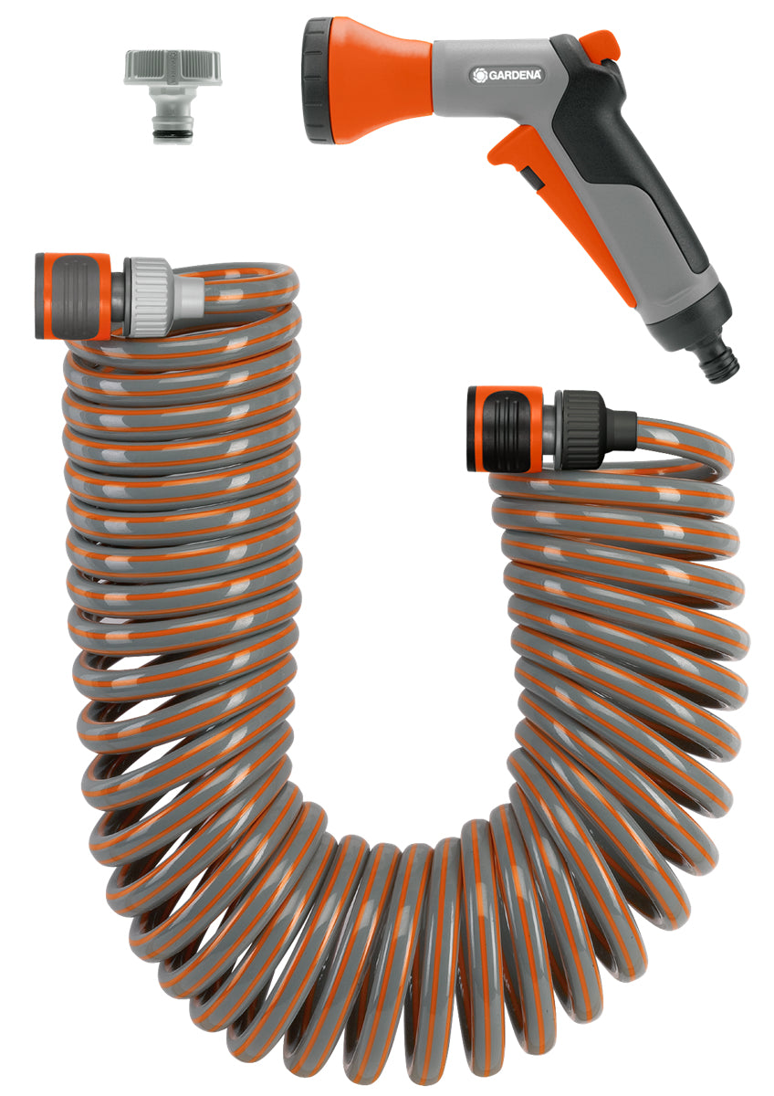 Gardena Spiralschlauch 4647-20 – 10 m, Grau, Flexibler Schlauch, mit Wasserhahnadapter