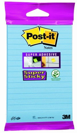 3M Post-it Haftnotizen Super Sticky – 102×152 mm – blau, 45 Blatt, liniert, PEFC