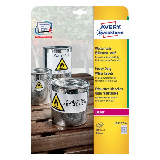 Avery Bogenetiketten, Ø 30 mm, weiss, Folie, extra stark, 20 Blatt (960 Etiketten)