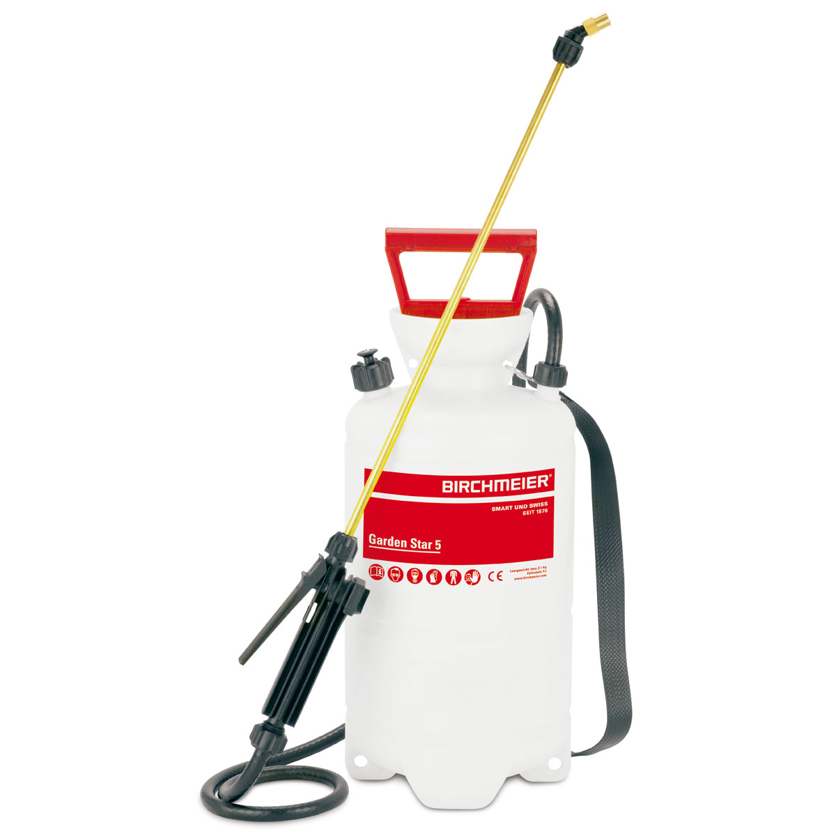 Birchmeier Drucksprüher Garden Star 5 – 5 l, Messing/Kunststoff, Schwarz/Rot/Weiss, 19,6 × 19,6 × 48,5 cm