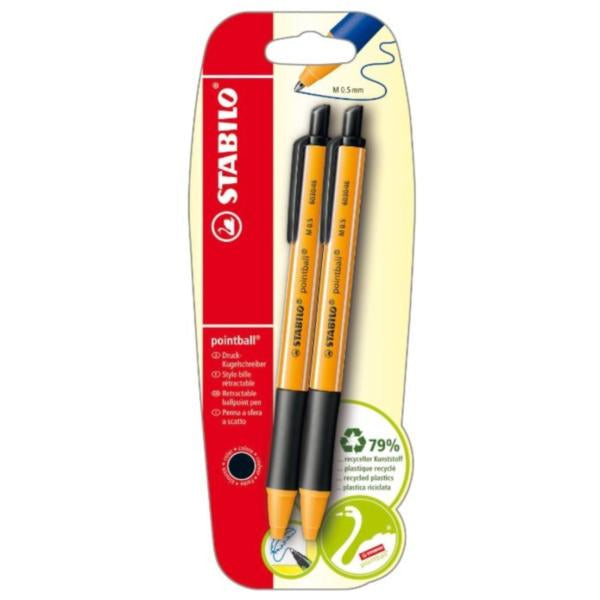 STABILO Pointball Kugelschreiber – 2er Pack, Schwarz, Spitze 0,5 mm, nachfüllbar