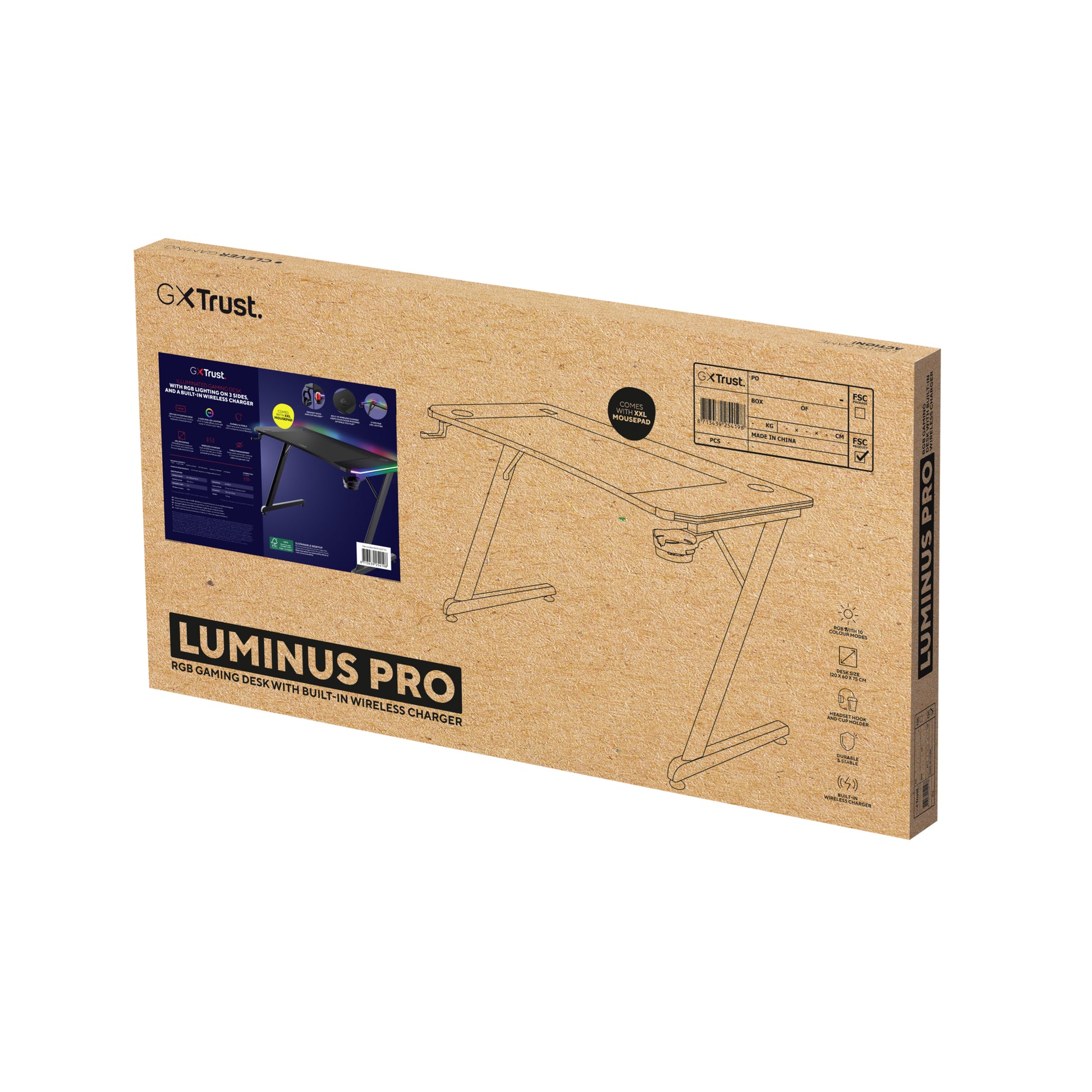 Trust GXT710 Luminus Pro – Rollbarer Computertisch, 1'200×600×740 mm, bis 150 kg, RGB-LED-Beleuchtung, Schwarz