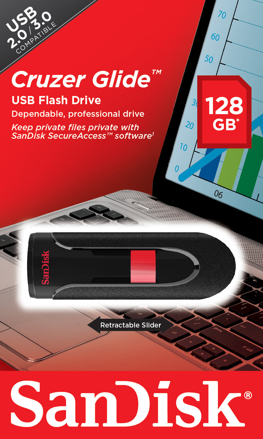 SanDisk Cruzer Glide USB-Stick 128 GB – USB-A, USB 2.0, 128-Bit AES, Diamant, Schwarz/Rot